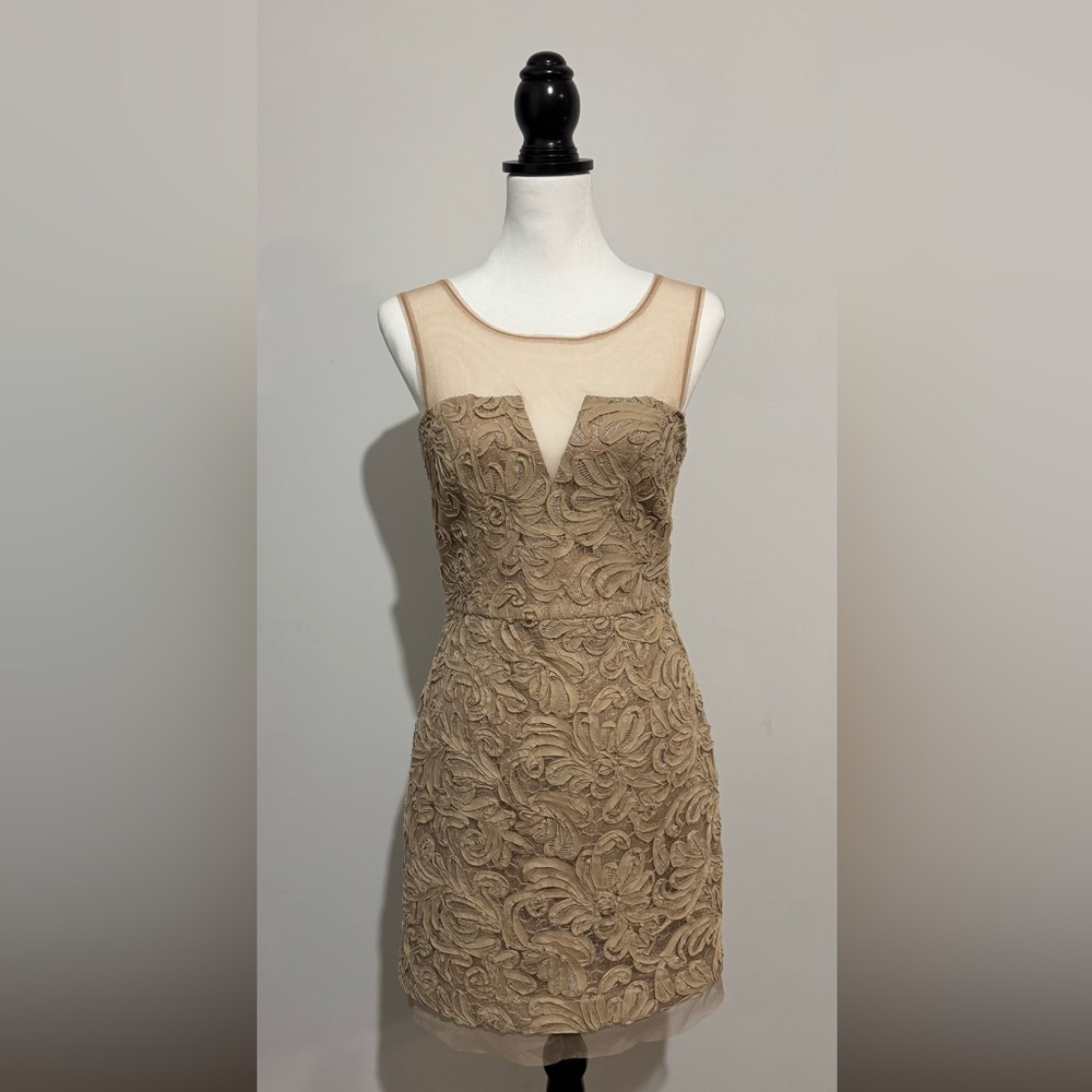 BCBGMAXAZRIA “Abigail” EMBROIDERED MESH NUDE CHAMPAGNE MINI DRESS SZ 8